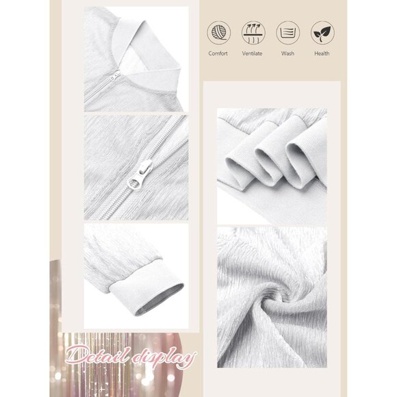 Womens White Sheer Mesh Sparkly Crop Bomber Jacket Glitter Rave Outfit - Picture 4 of 5